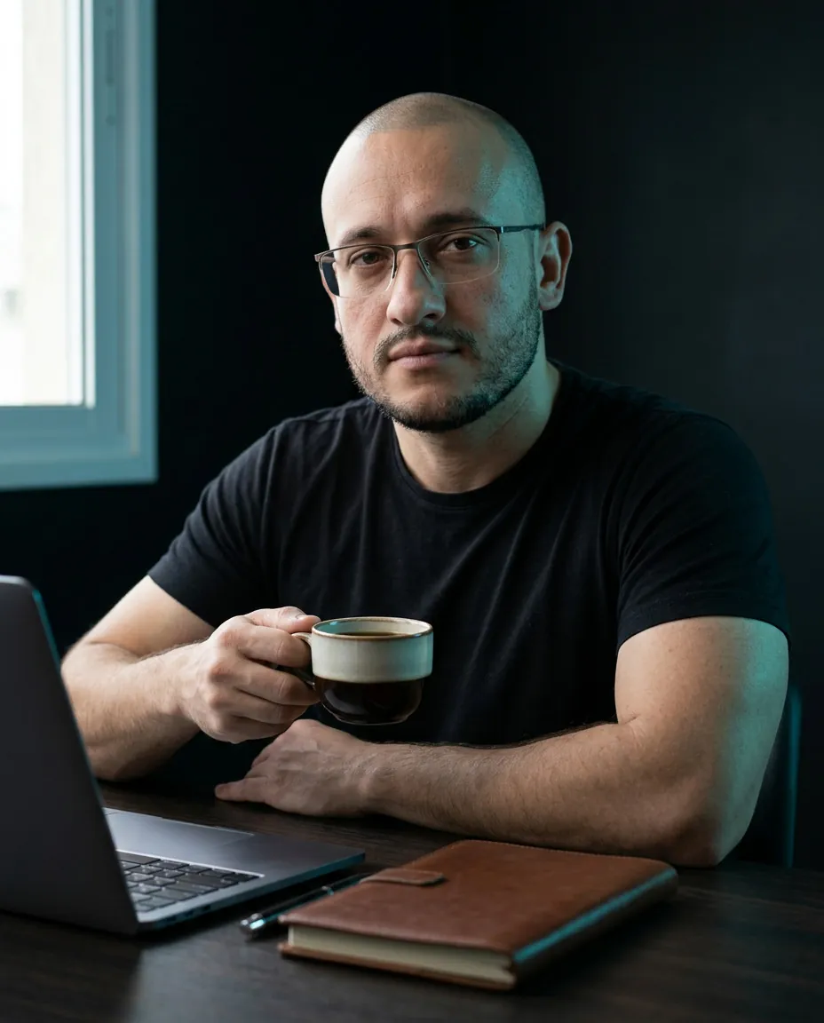 Cristiano Pereira sentado à mesa, segurando uma xícara de café, com notebook e caderno de couro à frente e uma janela ao fundo